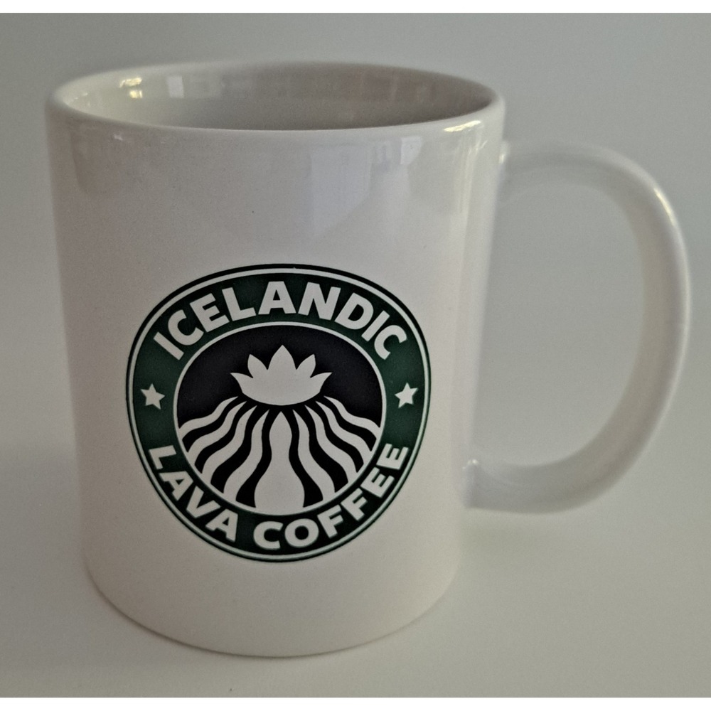 Ceramic Coffee mug green siren logo, "ICELANDIC LAVA COFFEE". STARBUCKS PARODY.